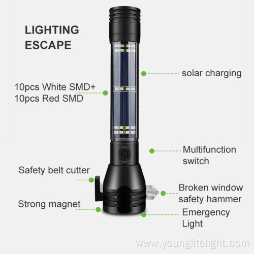 Rechargeable Emergency Flashlight with Hammer belt Cutter
